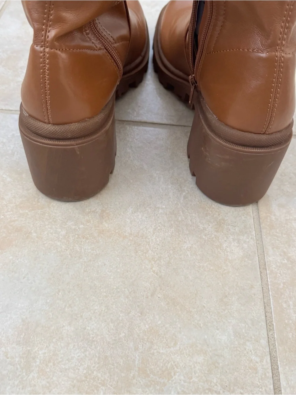Womens Cognac Brown Faux Leather Over The Knee Lug Sole Chunky Heel Boots 9.5-10